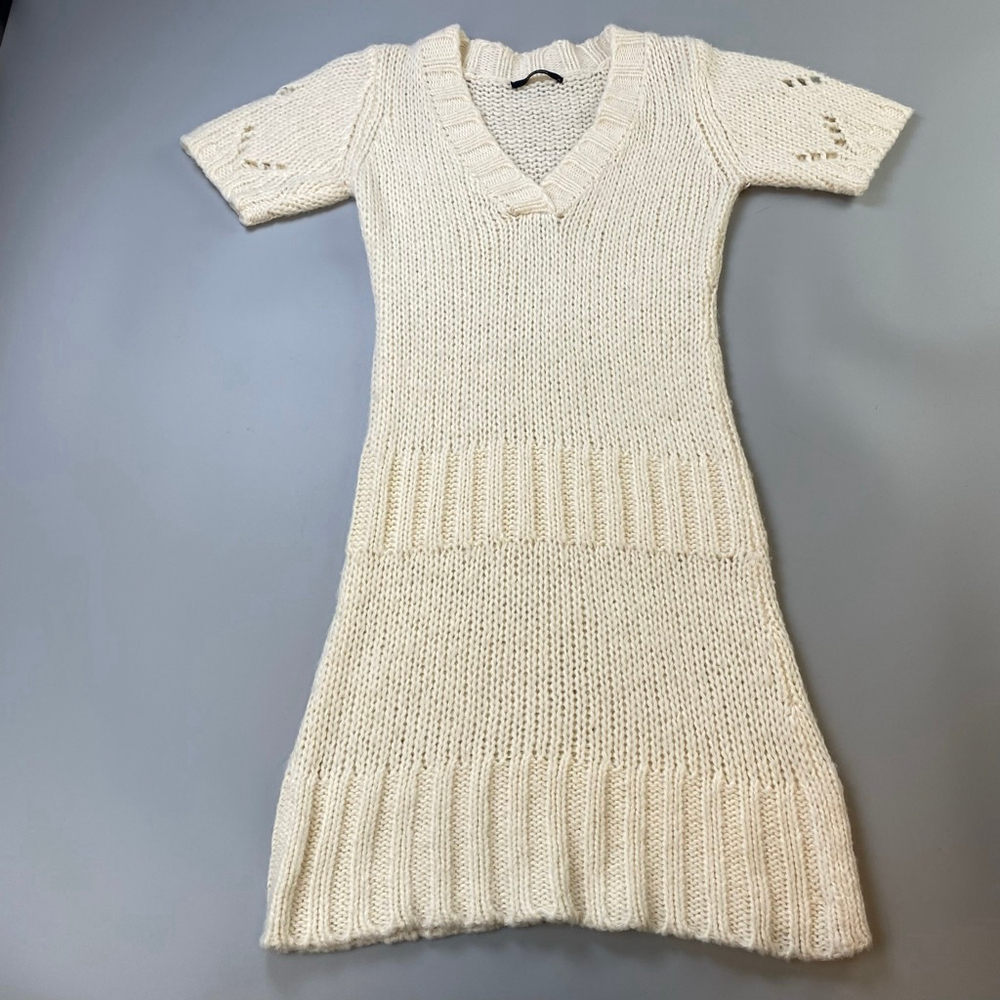 Vero Moda Knit Dress Medium Cream Short Sleeve V-Neck Cozy Soft Sheer Chunky